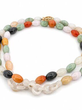 Vintage Multi-Color Jade Bead Necklace 14K Yellow Gold Clasp 27.5" Estate